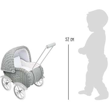 Small Foot Toys Baby Doll Grey Vintage Wicker Pram Designed for Children Ages 3+ Years