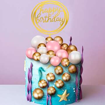 25 Pcs Mini Colorful Balls Cake Topper Round Circle Acrylic Happy Birthday Cake Picks DIY Small Foam Ball Cupcake Insert Topper Set Wedding Birthday Party Cake Decor (Pink and White, Gold)