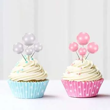 25 Pcs Mini Colorful Balls Cake Topper Round Circle Acrylic Happy Birthday Cake Picks DIY Small Foam Ball Cupcake Insert Topper Set Wedding Birthday Party Cake Decor (Pink and White, Gold)