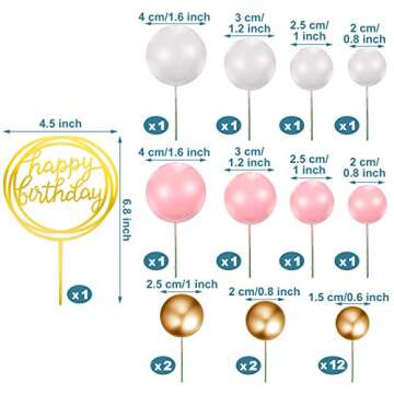 25 Pcs Mini Colorful Balls Cake Topper Round Circle Acrylic Happy Birthday Cake Picks DIY Small Foam Ball Cupcake Insert Topper Set Wedding Birthday Party Cake Decor (Pink and White, Gold)