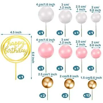 25 Pcs Mini Colorful Balls Cake Topper Round Circle Acrylic Happy Birthday Cake Picks DIY Small Foam Ball Cupcake Insert Topper Set Wedding Birthday Party Cake Decor (Pink and White, Gold)