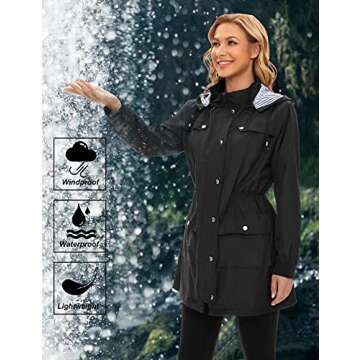 Bloggerlove Raincoat Women Long Hooded Trench Coats Lined Windbreaker Waterproof Travel Jackets Black XL