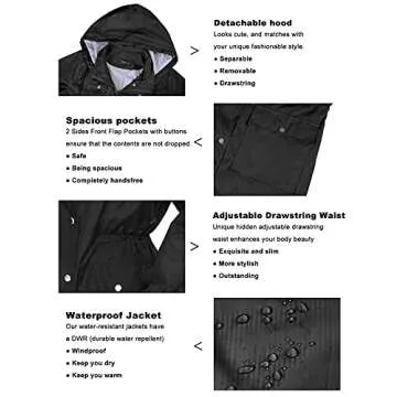 Bloggerlove Raincoat Women Long Hooded Trench Coats Lined Windbreaker Waterproof Travel Jackets Black XL