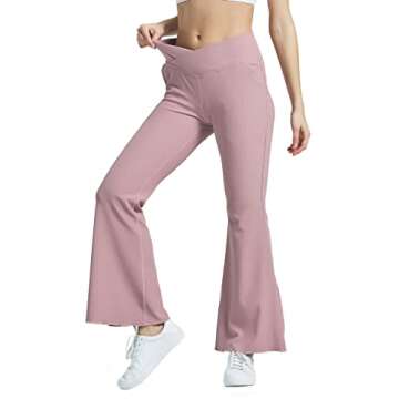KuaCua Flare Leggings for Women,Crossover Flare Leggings with Pockets High Waist Bell Bottom Leggings Workout Ribbed Pants
