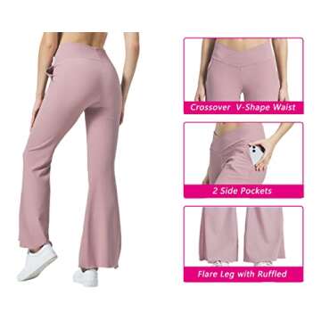 KuaCua Flare Leggings for Women,Crossover Flare Leggings with Pockets High Waist Bell Bottom Leggings Workout Ribbed Pants