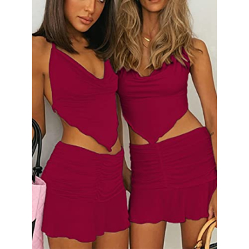 Remidoo Women's Halter Cami Top Ruched Mini Skirt Set