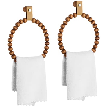 2 Pcs Handmade Boho Towel Rack Bead Round Wood Towel Ring Wall Mounted Boho Bathroom Decor Wooden Ba...