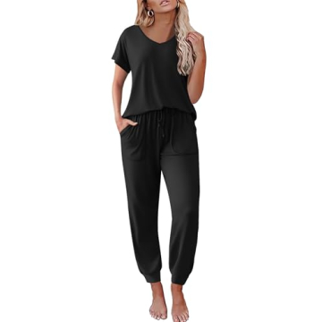 Ekouaer Pajama Sets for Women 2 Piece Lounge Sets Short Sleeve Pullover Top and Jogger Pants Pjs Sle...