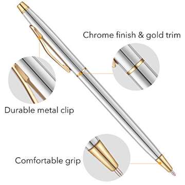 Unibene 6 Pack Steel & Gold Stainless Steel Ballpoint Pens Black Ink Medium Point, Slim Metallic Retractable Twist Pens Nice Gift for Business Office Students Teachers Wedding Christmas