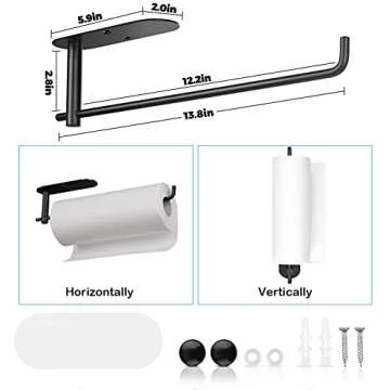 Paper Towel Holder Under Kitchen Cabinet - Self Adhesive or Drilling Paper Towel Holder Stick on Wall for Kitchen, Bathroom, Cabinets, SUS304 Stainless Steel - Black