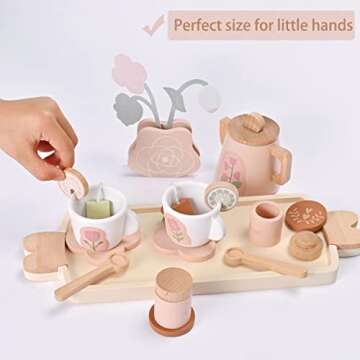 MONT PLEASANT Wooden Tea Set for Little Girls, Wooden Toys, Toddler Tea Set Toy, Play Kitchen Access...