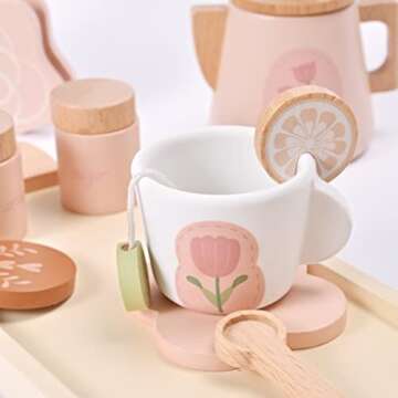 MONT PLEASANT Wooden Tea Set for Little Girls, Wooden Toys, Toddler Tea Set Toy, Play Kitchen Accessories Set, Montessori Toys, Kids Play Kitchen Pretend Playset Toys for Baby Tea Party with Play Food
