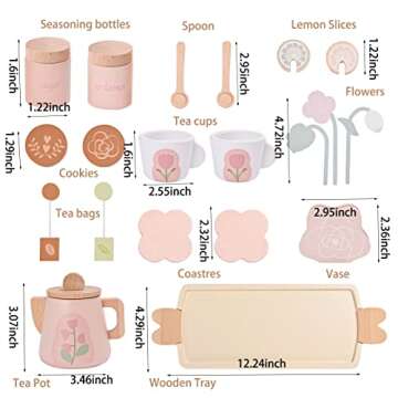 MONT PLEASANT Wooden Tea Set for Little Girls, Wooden Toys, Toddler Tea Set Toy, Play Kitchen Accessories Set, Montessori Toys, Kids Play Kitchen Pretend Playset Toys for Baby Tea Party with Play Food