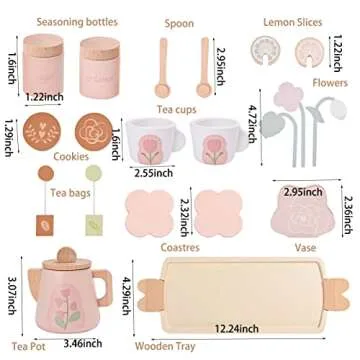 MONT PLEASANT Wooden Tea Set for Little Girls, Wooden Toys, Toddler Tea Set Toy, Play Kitchen Accessories Set, Montessori Toys, Kids Play Kitchen Pretend Playset Toys for Baby Tea Party with Play Food