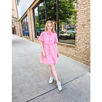 LookbookStore Pink Dresses for Women Valentines Day Pink Dress 2024 Summer Short Jean Dress Casual Short Sleeves Babydoll Denim Dress for Women Size XL