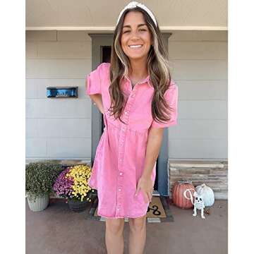 LookbookStore Pink Dresses for Women Valentines Day Pink Dress 2024 Summer Short Jean Dress Casual Short Sleeves Babydoll Denim Dress for Women Size XL