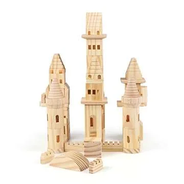 Garlictoys 75 Pieces Wooden Castle Blocks Medieval Knights Princesses Wooden Castle Building Blocks Kit for Kids Boys and Girls