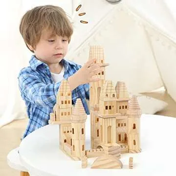 Garlictoys 75 Pieces Wooden Castle Blocks Medieval Knights Princesses Wooden Castle Building Blocks Kit for Kids Boys and Girls