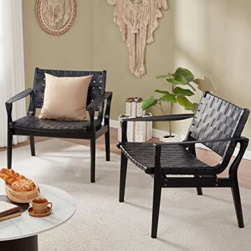 Scandinavian Cognac Woven Leather Chair, Boho Beech Wood Living Room Chairs Side Modern Accent Chairs for Bedroom Balcony Sunroom, Black Faux Leather Accent Leather Accent Chair Natural Chase Lounger