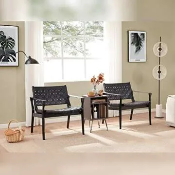 Scandinavian Cognac Woven Leather Chair, Boho Beech Wood Living Room Chairs Side Modern Accent Chairs for Bedroom Balcony Sunroom, Black Faux Leather Accent Leather Accent Chair Natural Chase Lounger