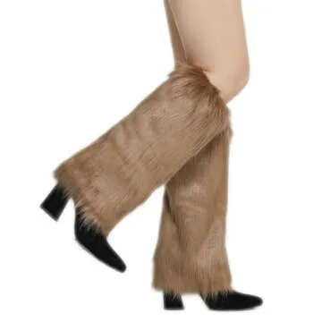RECECASA Faux Fur Leg Warmers - Womens Winter Warm Fur Boot Cuffs Covers, Cozy, Christmas, Halloween, Unicorn, Hippie Costume (Tan, 15.7 inch)