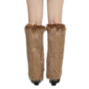 RECECASA Faux Fur Leg Warmers - Womens Winter Warm Fur Boot Cuffs Covers, Cozy, Christmas, Halloween, Unicorn, Hippie Costume (Tan, 15.7 inch)