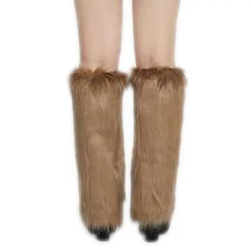 RECECASA Faux Fur Leg Warmers - Womens Winter Warm Fur Boot Cuffs Covers, Cozy, Christmas, Halloween, Unicorn, Hippie Costume (Tan, 15.7 inch)