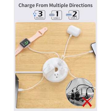 NTONPOWER Travel Power Strip with 3 USB Ports(1 USB C), 3 Outlets,i-Donut Power Strip Flat Plug Extension Cord 1ft Portable Power Strip for Cruise Ship Hotel, Airport,White