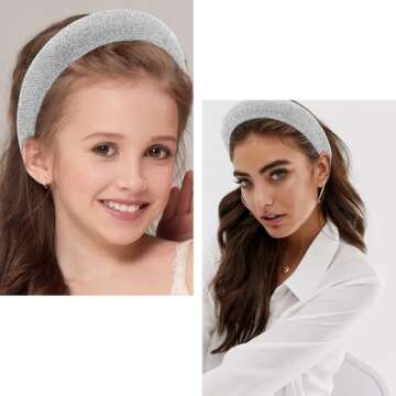 AHONEY Silver Headband Rhinestone Headband for Women Girls, Hair Bling Crystal Glitter Sparkly Diamond Padded Headband Fancy Jeweled Embellished Disco Headpiece Cute Hair Accessories (Silver)