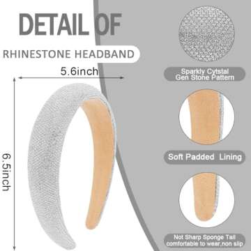 AHONEY Silver Headband Rhinestone Headband for Women Girls, Hair Bling Crystal Glitter Sparkly Diamond Padded Headband Fancy Jeweled Embellished Disco Headpiece Cute Hair Accessories (Silver)