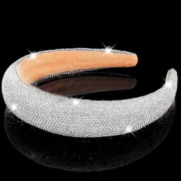 AHONEY Silver Headband Rhinestone Headband for Women Girls, Hair Bling Crystal Glitter Sparkly Diamond Padded Headband Fancy Jeweled Embellished Disco Headpiece Cute Hair Accessories (Silver)