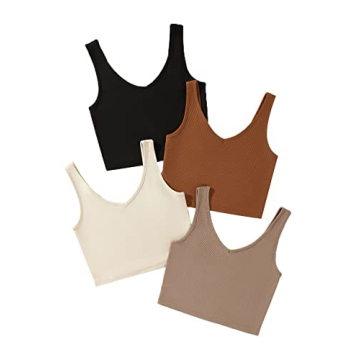 Milumia 4 Pack Ribbed V Neck Sleeveless Crop Tanks