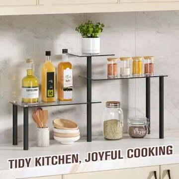 FAVOOSTY Kitchen Counter Shelf, 3 Tier Bathroom Countertop Organizer Moveable Corner Shelf, Tempered Glass Storage Shelf, Space Saving Makeup Organizer Spice Rack Plant Shelf Coffee Bar Dresser Table