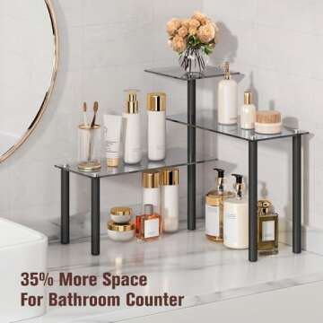 FAVOOSTY Kitchen Counter Shelf, 3 Tier Bathroom Countertop Organizer Moveable Corner Shelf, Tempered Glass Storage Shelf, Space Saving Makeup Organizer Spice Rack Plant Shelf Coffee Bar Dresser Table