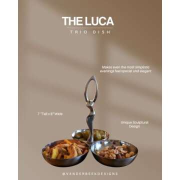 Vanderbeek Designs Stainless Steel Trio Snack Serving Dish – Elegant 3-Compartment Bowl for Nuts, ...