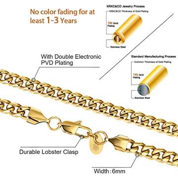 KRKC&CO 4mm/6mm Mens Cuban Link Chains, 18k Gold/White Gold Miami Cuban Link Curb Chain, Hip Hop Jewelry, Durable Street-wear Hip Hop Chains for Men, 18 20 22 24 26 inches (6mm-18k Gold, 26)