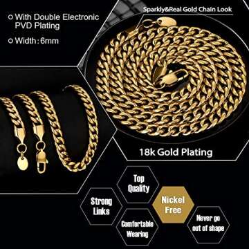 KRKC&CO 4mm/6mm Mens Cuban Link Chains, 18k Gold/White Gold Miami Cuban Link Curb Chain, Hip Hop Jewelry, Durable Street-wear Hip Hop Chains for Men, 18 20 22 24 26 inches (6mm-18k Gold, 26)