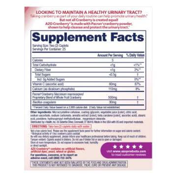 AZO Cranberry Urinary Tract Health Supplement, 1 Serving = 1 Glass of Cranberry Juice, Sugar Free Cr...