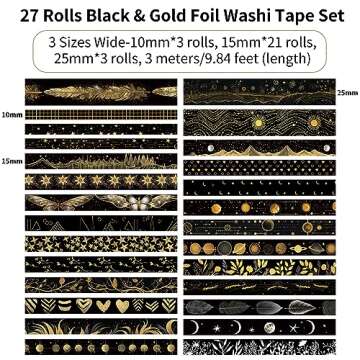 NANYNNU Black Washi Tape Set, 27 Rolls Black Gold Foil Decorative Masking Tape for Bullet Journaling...