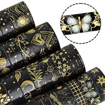NANYNNU Black Washi Tape Set, 27 Rolls Black Gold Foil Decorative Masking Tape for Bullet Journaling, Scrapbooking Supplies, Watercolor Painting