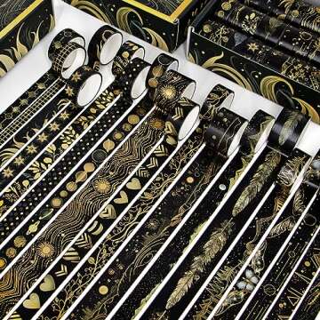 NANYNNU Black Washi Tape Set, 27 Rolls Black Gold Foil Decorative Masking Tape for Bullet Journaling, Scrapbooking Supplies, Watercolor Painting