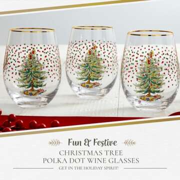 Spode Christmas Tree 19 Oz Stemless Wine Glass Set - Festive & Elegant Wine Tumblers