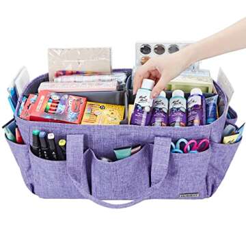 HOMEST Craft Organizer Tote Bag with Multiple Pockets, Storage Art Caddy for Scrapbooking, Crafts Supply Carrier for Tools, Purple