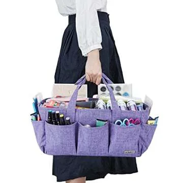 HOMEST Craft Organizer Tote Bag with Multiple Pockets, Storage Art Caddy for Scrapbooking, Crafts Supply Carrier for Tools, Purple