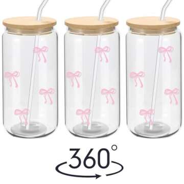 Mikopei Coquette Aesthetic Glass Cups with Lids and Straws - Pink Bow Iced Coffee Cup Decor, Cute Tu...