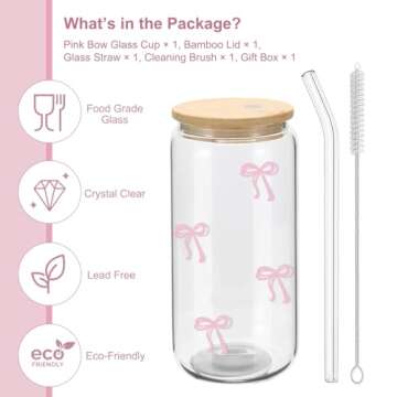Mikopei Coquette Aesthetic Glass Cups with Lids and Straws - Pink Bow Iced Coffee Cup Decor, Cute Tumbler Smoothie with Cleaning Brush&Gift Box, Gifts for Girls Women Friends, 16 oz