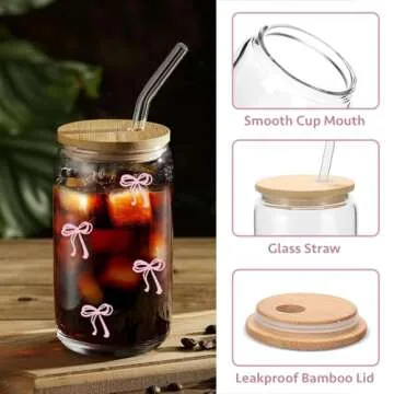 Mikopei Coquette Aesthetic Glass Cups with Lids and Straws - Pink Bow Iced Coffee Cup Decor, Cute Tumbler Smoothie with Cleaning Brush&Gift Box, Gifts for Girls Women Friends, 16 oz