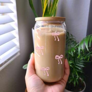 Mikopei Coquette Aesthetic Glass Cups with Lids and Straws - Pink Bow Iced Coffee Cup Decor, Cute Tumbler Smoothie with Cleaning Brush&Gift Box, Gifts for Girls Women Friends, 16 oz