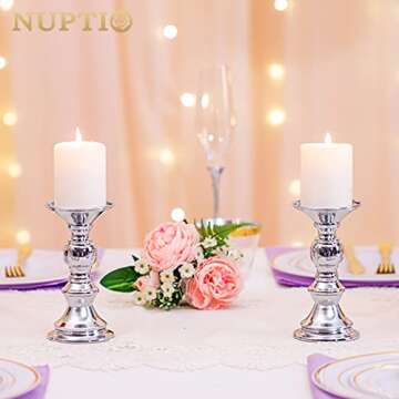 Nuptio Silver Pillar Candle Holders, Wedding Centerpieces Metal Candle Holder for 50mm Candles Stand...