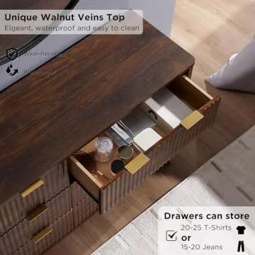 T4TREAM Fluted 6 Drawers Dresser, 54" Wide Modern Chest of Drawers, Curved Profile Design, Dresser TV Stand, Wood Drawer Organizer for Bedroom, Living Room, Hallway, Dark Walnut